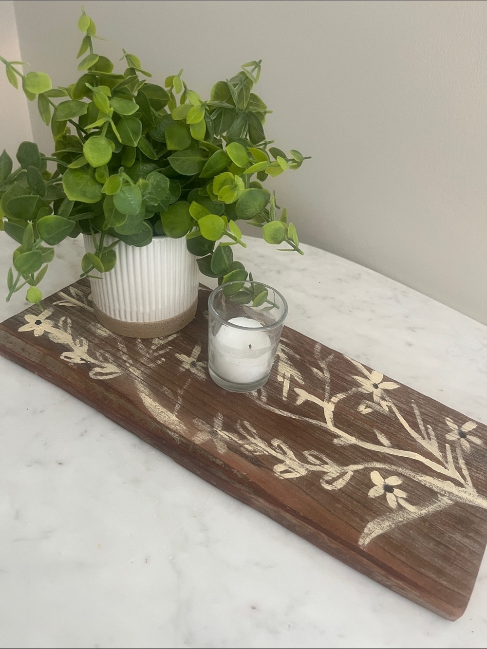Rustic Floral Wood Tray with Creme Painted Accents Hand crafted NEW